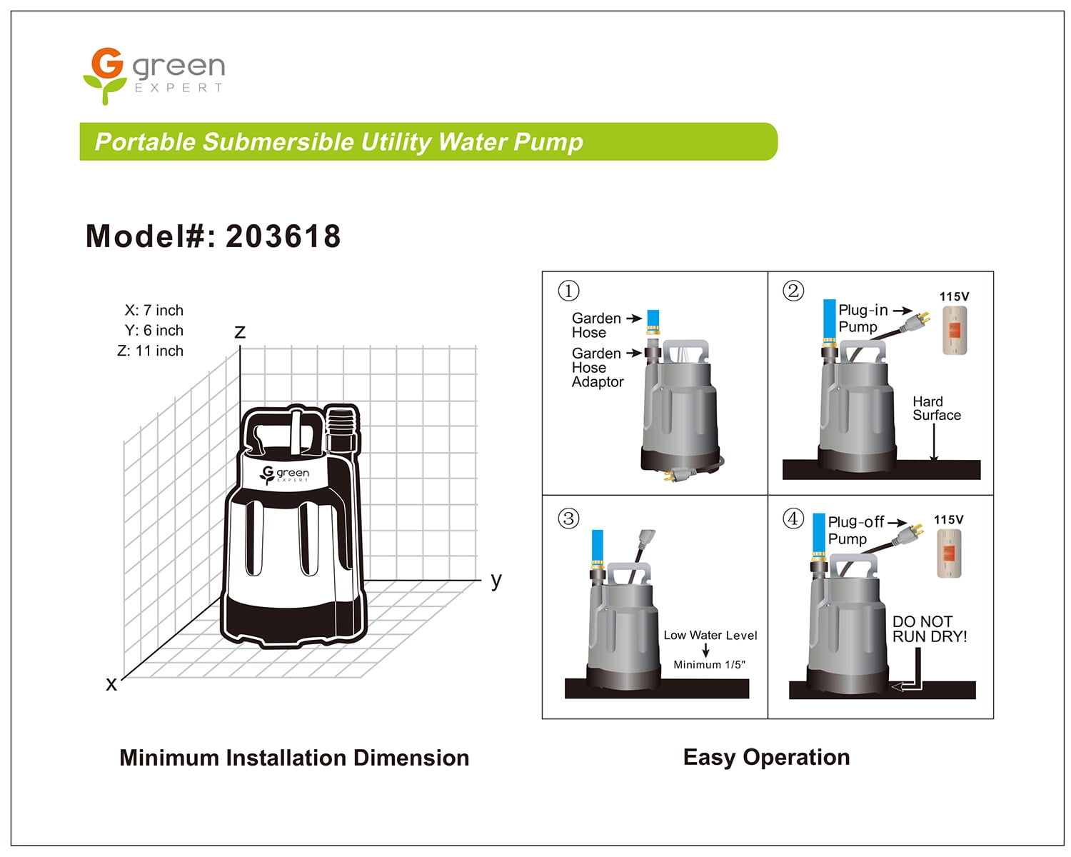 Green Expert 1/4HP Submersible Utility Pump High Flow 1800GPH for Quickly Water Removal Household Drainage Pump Easy to Use in Pools Hot Tub Flooded House Suit to Garden Hose