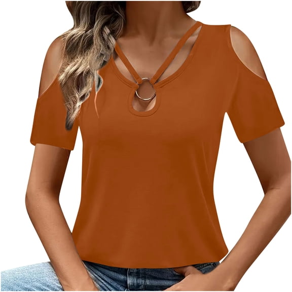 Vekome Tops for Women Short Sleeve Plus Size Shirts V Neck Casual Tee Shirts Solid Color Summer Pullover Tops Orange L