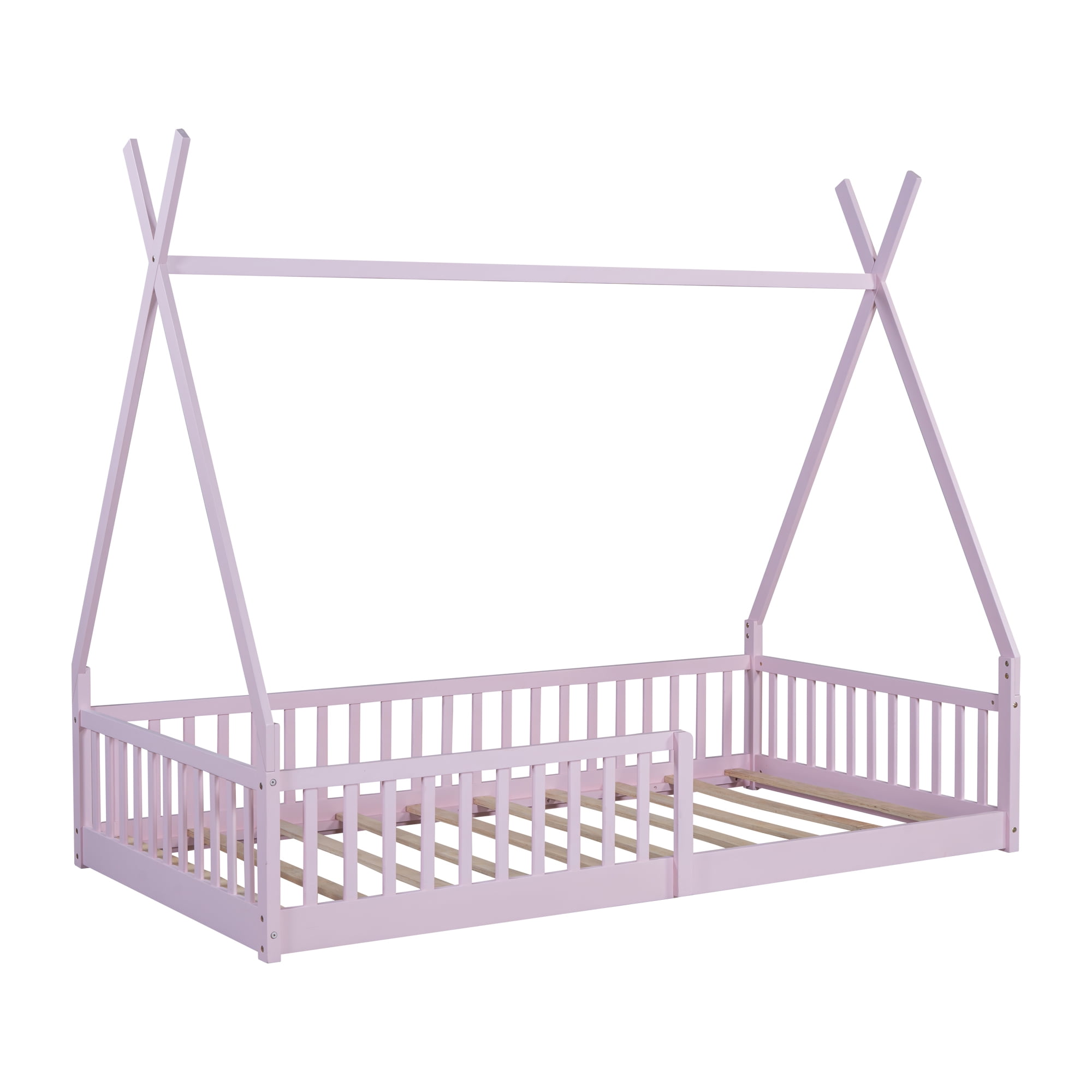 Euroco Twin Size House Platform Bed, Floor Bed with Guardrails for Kids Teens Room, Pink