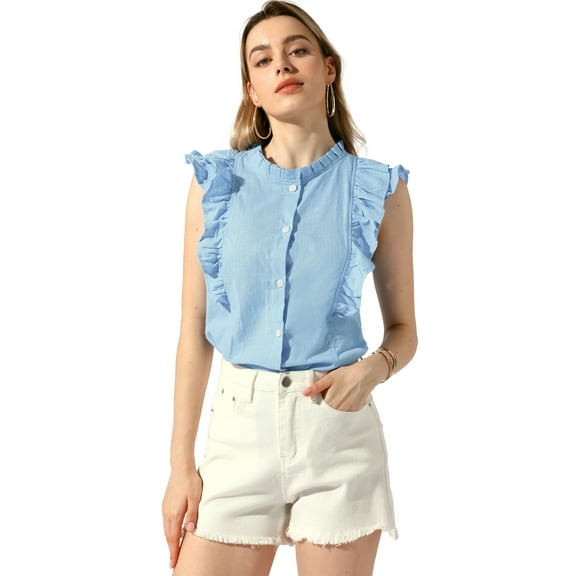 DARING DIVA Women's Ruffle Blouse Crew Neck Sleeveless Blouses M Sky Blue