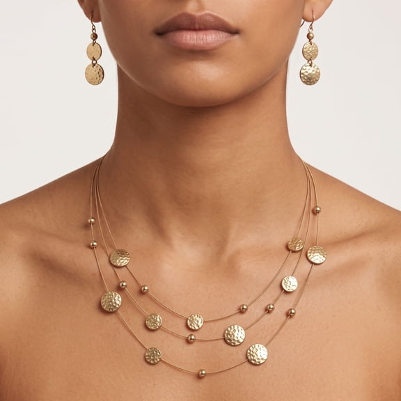 Women's Gold-Tone Layered Multi-Strand Necklace & Earring Set 16" | Hammered Disc & Bead Station Fashion Jewelry Set t#MS23837NE01(SHBA10)