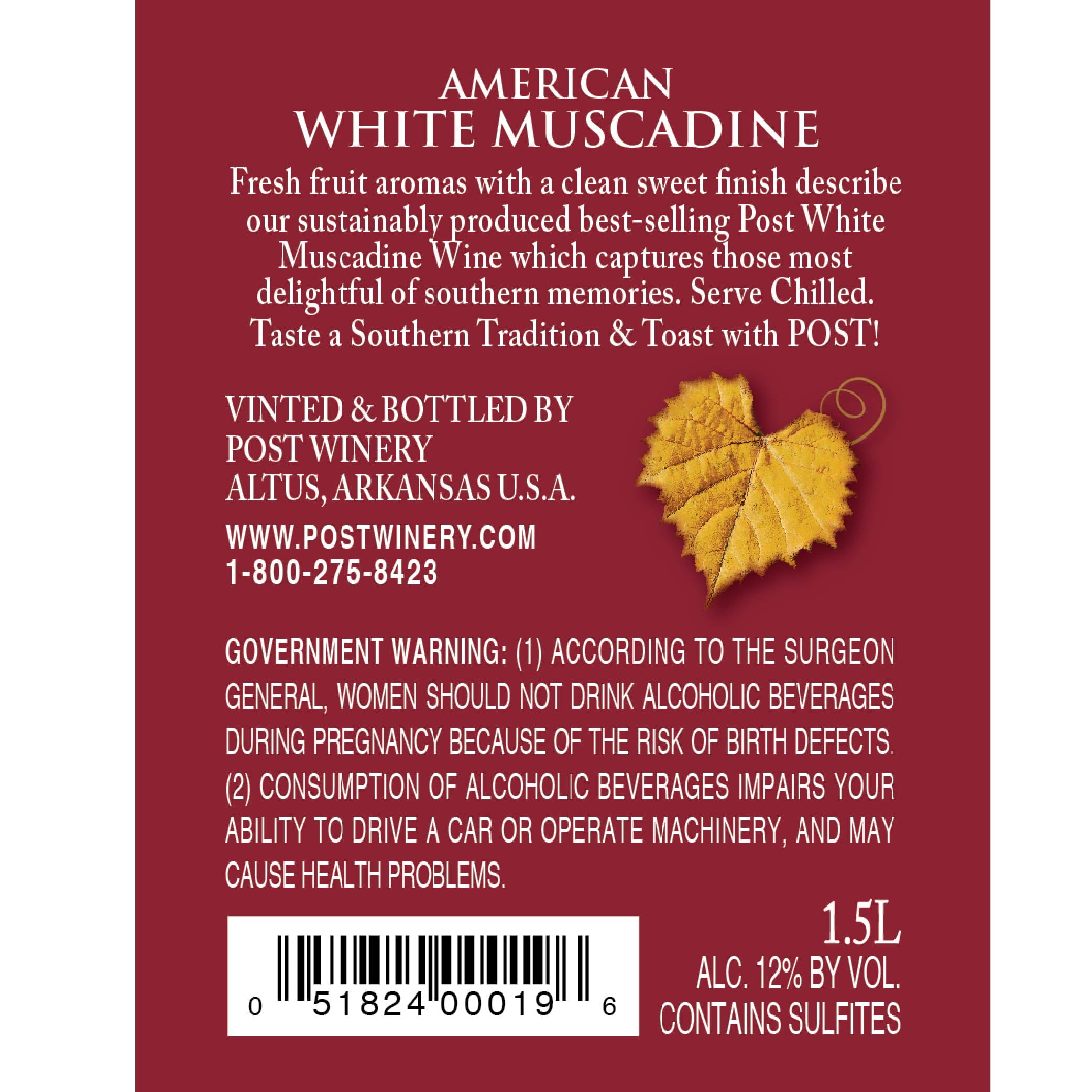 Post Winery White Muscadine White Wine, Arkansas, 1.5 L Glass Bottle