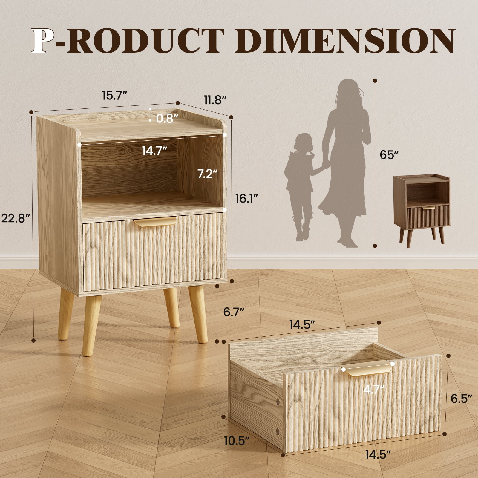 Gelloan Fluted Nightstand, Bed Side Table with Drawer, Solid Wood Feet, Open Storage, End Table with Raised Edge, for Bedroom, Dorm and Small Spaces,Natural