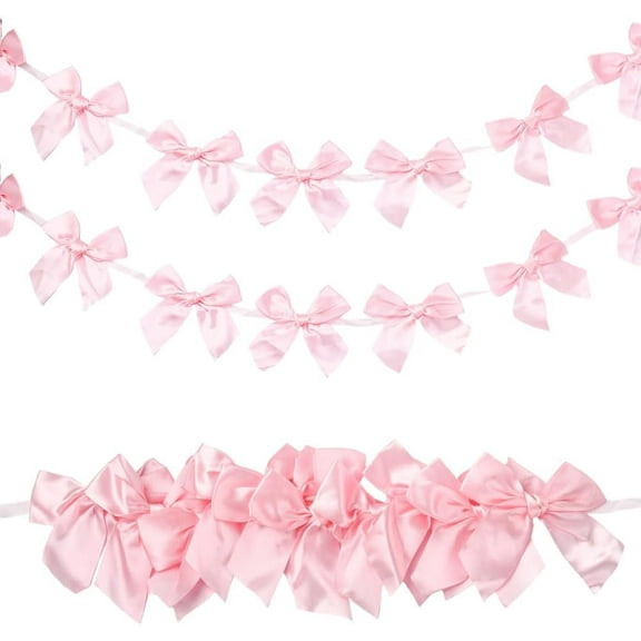 2Pcs Pink Garland Banners Coquette Banner Pre-Strung Valentine's Day Holiday Birthday Party Decor Satin Ribbon Bowknot Wall Hanging Garlands for Room Wedding Favors Decoration Supply