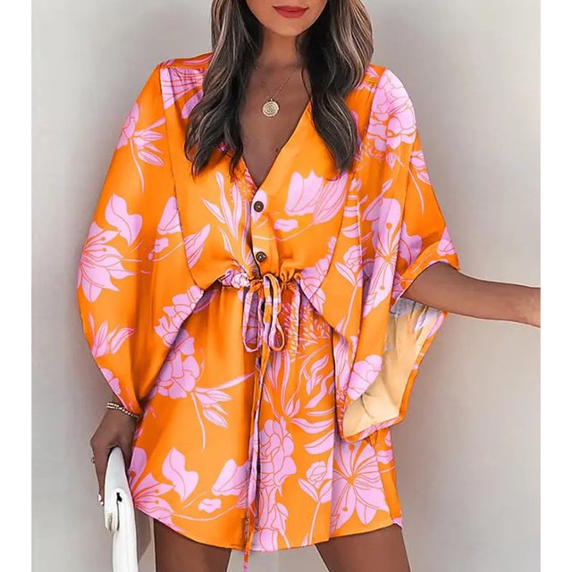 Summer Boho Mini Dress Women Flora Print Batwing Sleeve Lace-Up V Neck Loose Button Dresses Ladies Beach Party Dress VestidoXXL Gao Jinjia LED