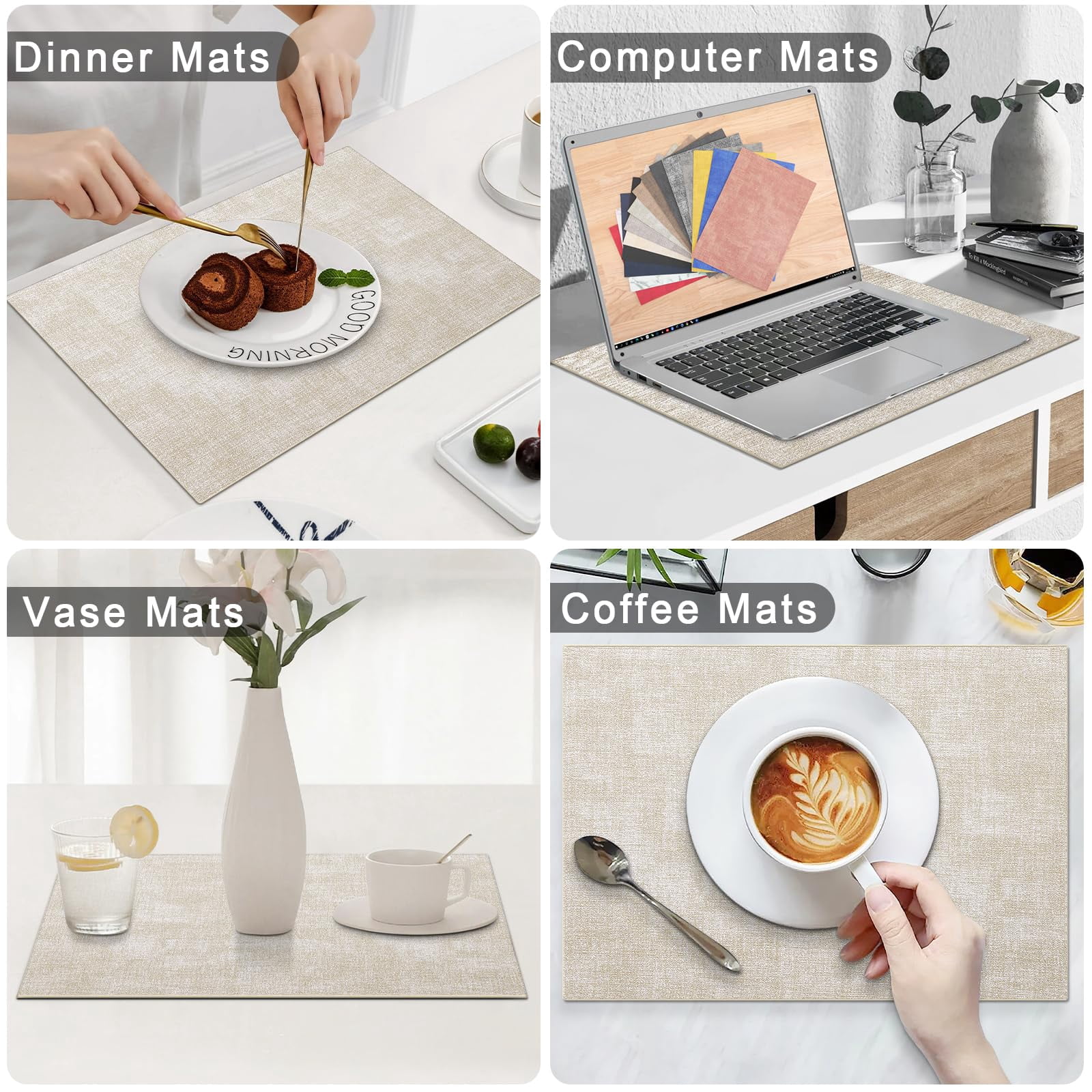 decorUhome Placemats Set of 6, Heat Resistant PU Faux Leather Table Mats, 11.8" x 17", Beige