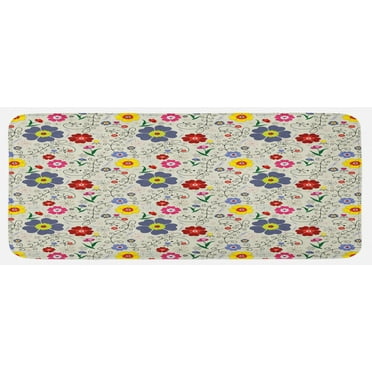 Floral Kitchen Mat, Flower Pattern with Butterflies and Dragonflies Colorful Spring Nature Illustration, Plush Decorative Kitchen Mat with Non Slip Backing, 47" X 19", Multicolor, by Ambesonne