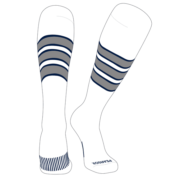 PEAR SOX Striped OTC Baseball, Softball, Football Socks (C) White, Navy, Silver (XS)