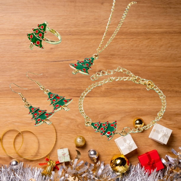 Pulseras para mujer, regalos para mujeres europeas y americanas, conjunto de collar navideño, lindo Papá Noel, gota de aceite, anillo de aleación, pendientes, pulsera, conjunto combinado, traje II, co