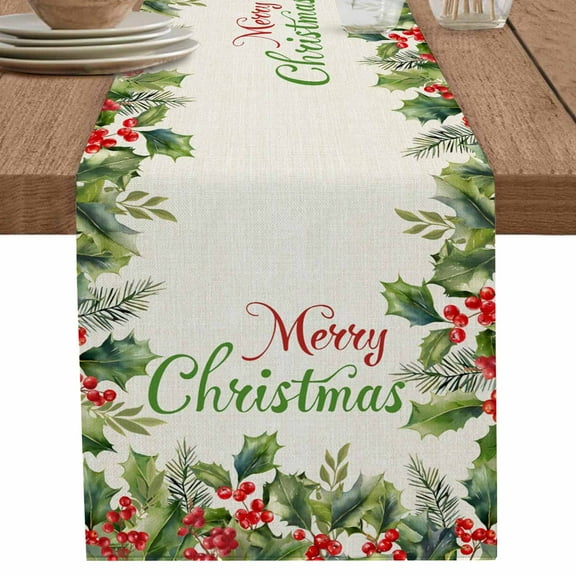 nqOlkjepod Merry Christmas Table Runner 72 Inches Long Farmhouse Dress Scarves, Holly Leaves Red Berries Xmas Pine Needles Dining Tablerunner for Coffee Table/Kitchen Island/Party Décor, 13" x 72"