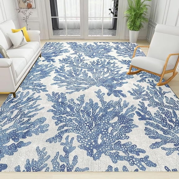 Blue Coral Reef Ocean Theme Area Rug, Non Slip Stain Resistant Print Rugs, Soft Machine Washable Carpet for Indoor Bedroom Living Room Office Decor Rug 5 x 6ft