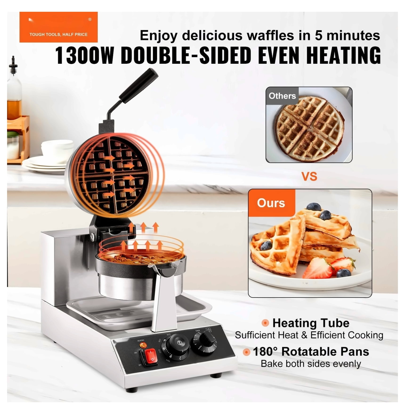 Commercial Waffle Maker 1300W - Non-Stick Rotatable Waffle Iron 7.5 Inch - 120V Electric Waffle Machine for Home & Restaurant Use - Adjustable Temperature