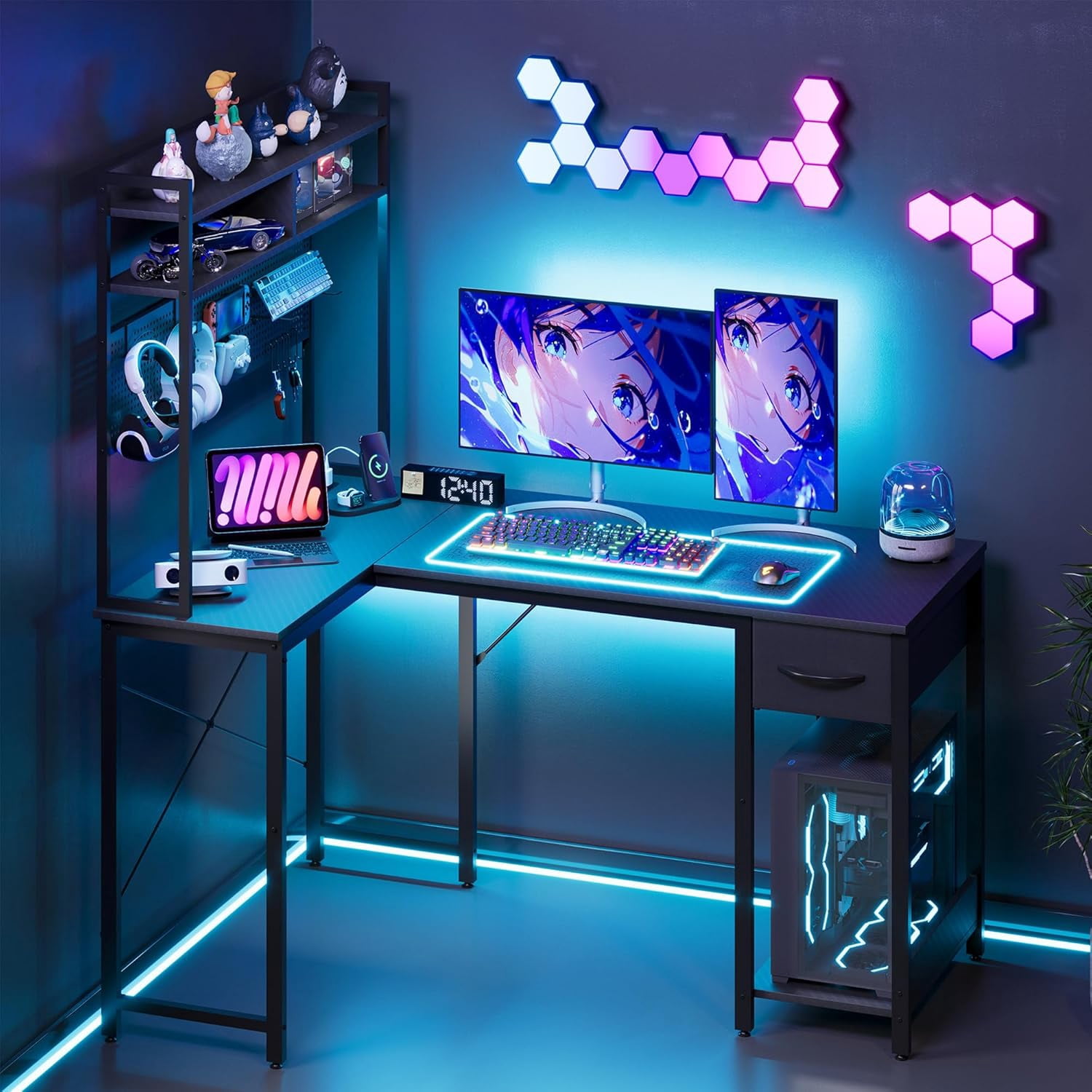53-Inch Reversible L-Shaped Gaming Desk with LED Lights, Carbon Fiber Surface, Pegboard, Drawer, PC Tower Stand, and USB Charging Port