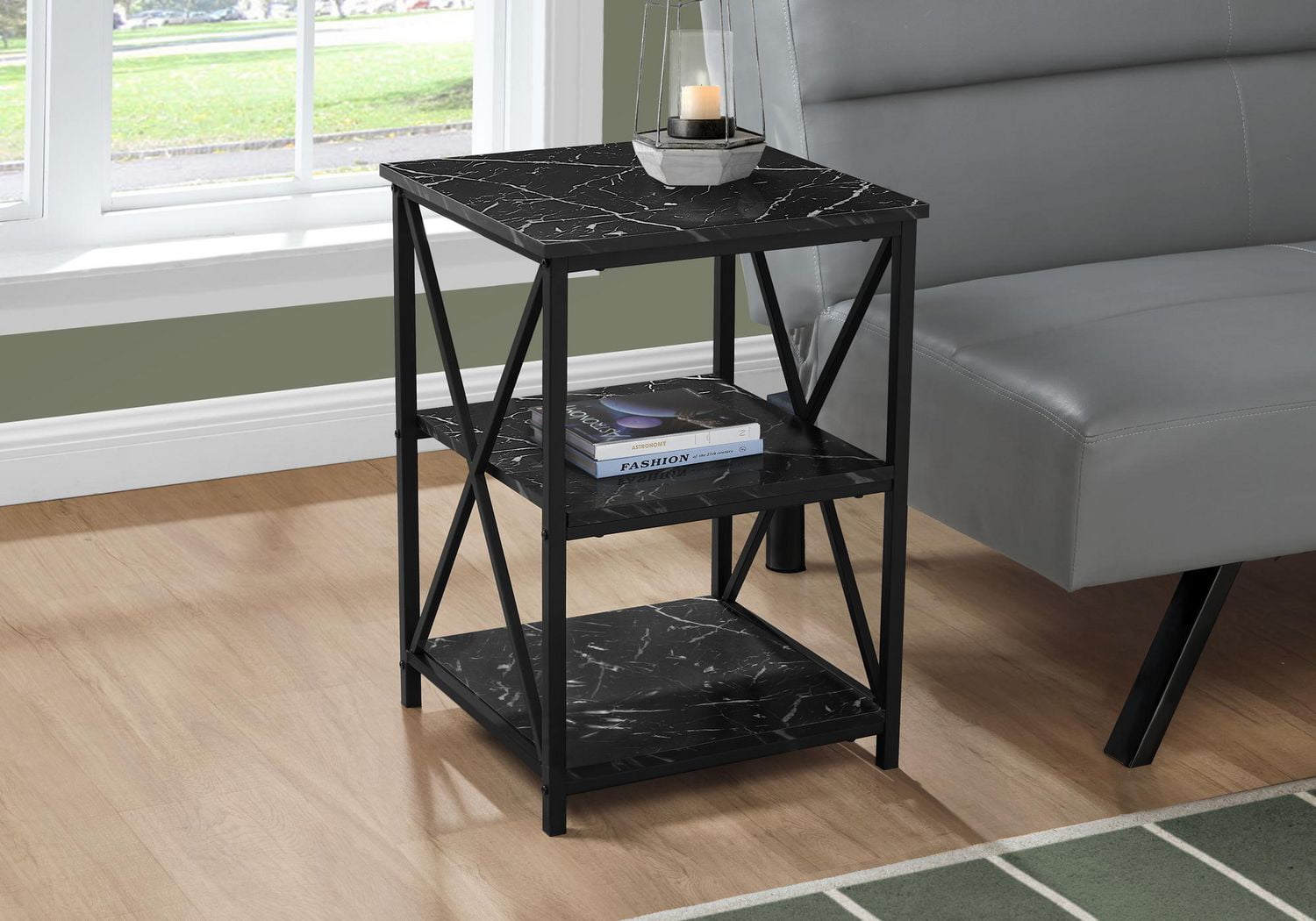 Monarch Specialties Accent Table, Side, End, Nightstand, Lamp, Living Room, Bedroom, Black Marble Look Laminate, Black Metal, Contemporary, Modern