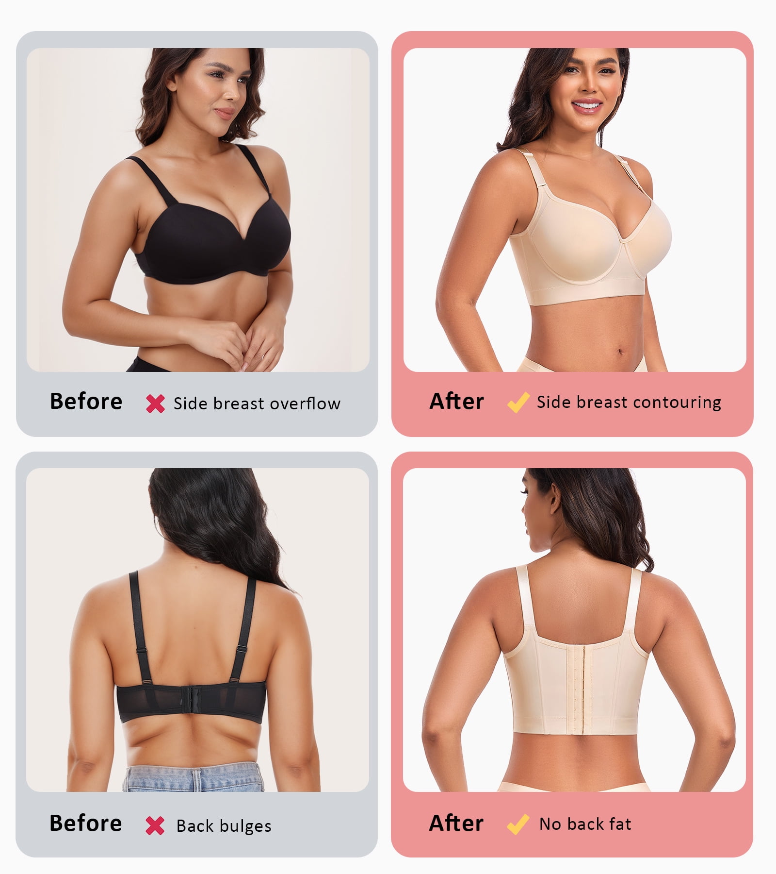 Exerin Women's Push Up Underwire Full Coverage Sculpting Uplift Support Hide Back Fat Bra(40B,Beige)