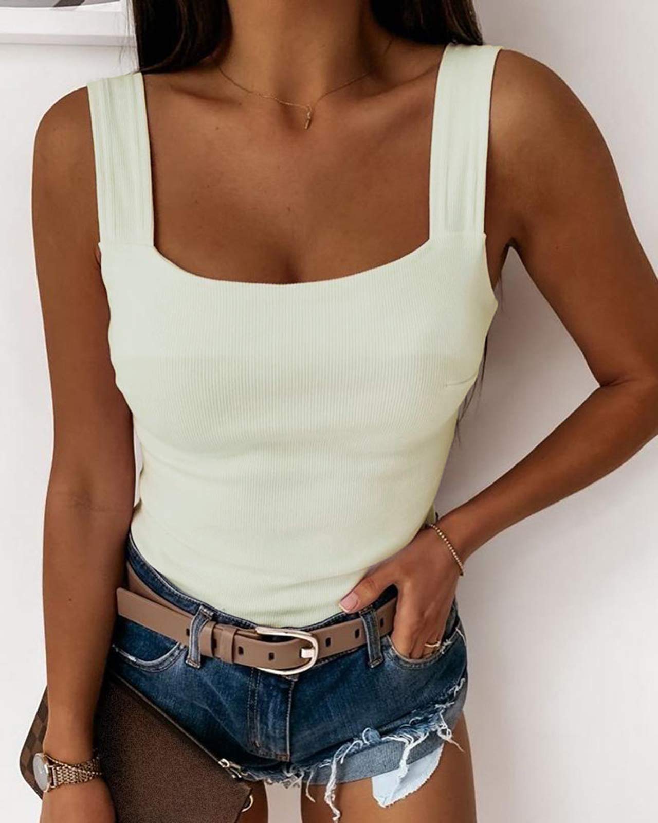 Womens Low Cut Square Neck Tank Top Casual Thick Strap Summer Solid Top -  Walmart.com