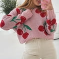 thumbnail image 6 of Uootdi Women's Cherry Print Sweater Crew Neck Long Sleeve Knit Pullover Trendy Fall Winter Top Soft Cozy Casual Cropped Jumper Cute Fruit Pattern Sweater for Daily Outfits and Weekend Wear, 6 of 6