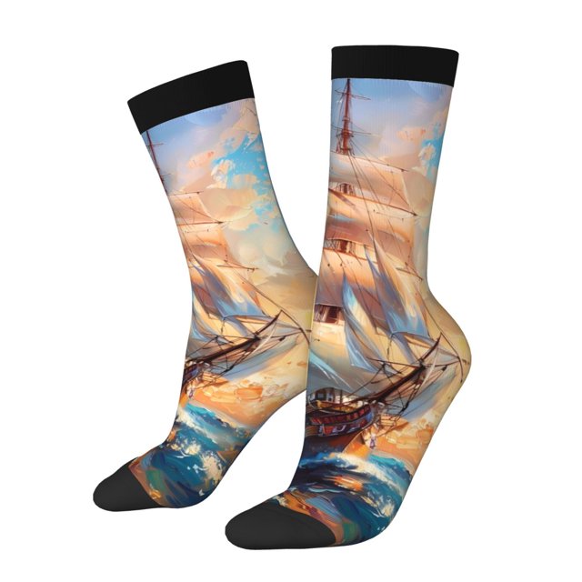Fotbe Sailing Ship Ocean Sunset Calcetas Largas con Estampado para Hombre y Mujer – Calcetas de Compresión Transpirables y Elásticas, Viajar y Uso Diario Talla 5-11