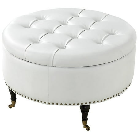 Landon White Pu Leather Storage Ottoman Round Tufted Casters Canada Landon White Pu Leather Storage Ottoman, Round Storage Ottoman Canada