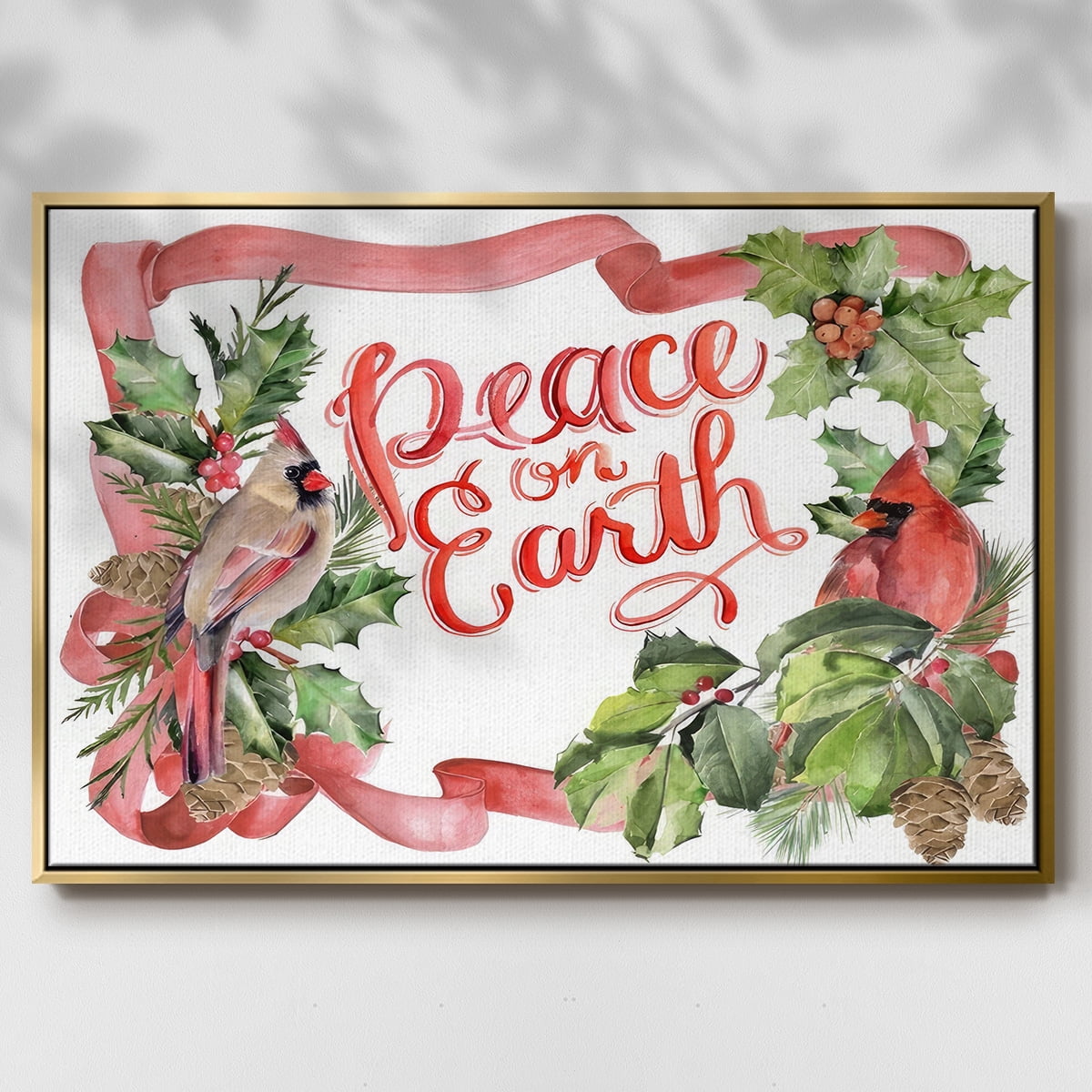 Cardinal Holly Christmas Collection A - Framed Gallery Wrapped Holiday Canvas - 17 x 25 - Gold Frame