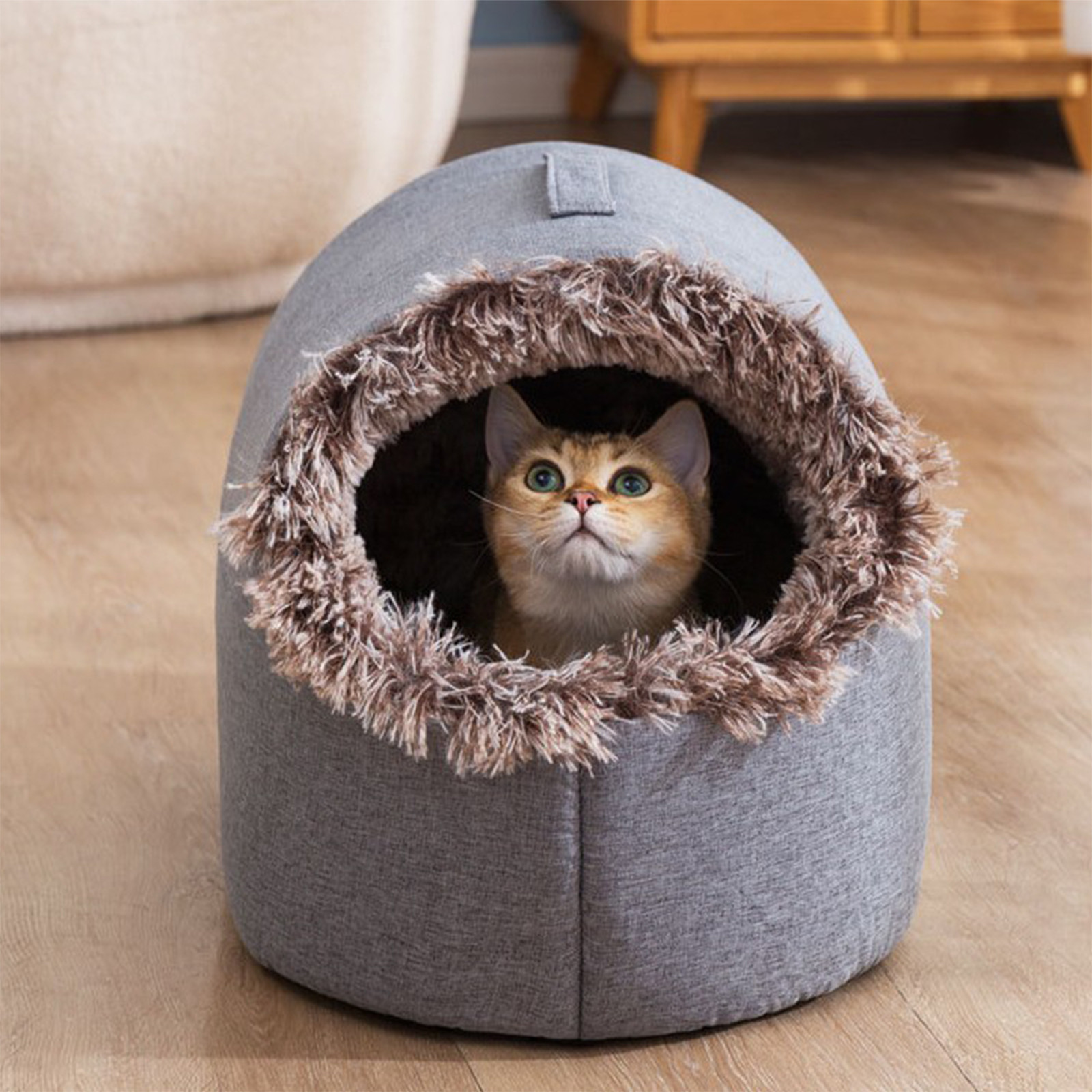 Matoen Cat Beds for Indoor Cats, Soft and Comfortable Cute Cat Bed, Cat House, with Removable Washable Cushioned Pillow, Enclosed Cat Bed, Kitty Cat Hut, Hideaway, Small Dog Tent Grey