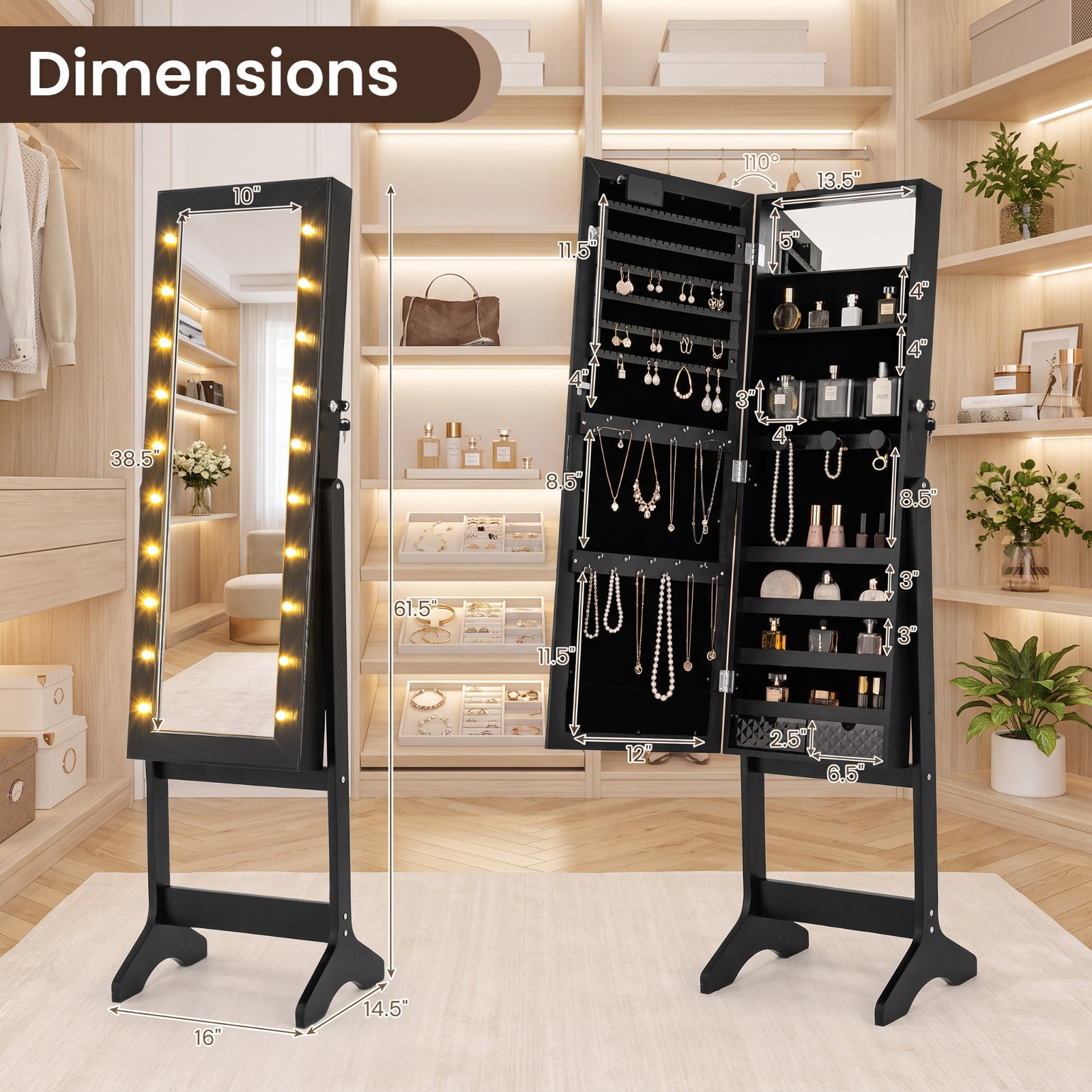 Furnibear Mirror Jewelry Cabinet with 20 Warm Lights and 4 Tilt Angles for Bedroom Dressing Room Jewelry Necklace Rings Storage Mirror, Black