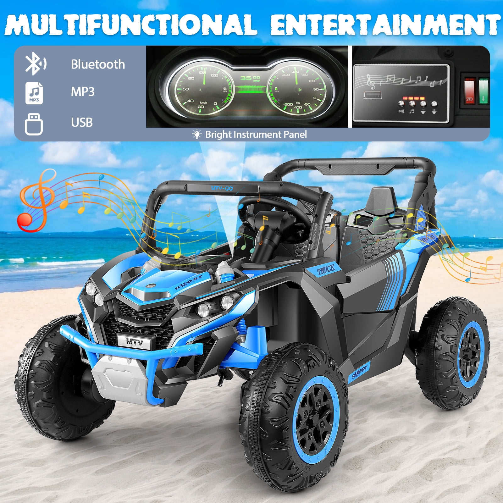 Funcid 24V Ride on Car for Kids, 2WD/4WD Switchable Ride on Car with Remote Control, 2 Seater Ride on Toys, UTV, Bluetooth, Music, LED Lights, Storage Space
