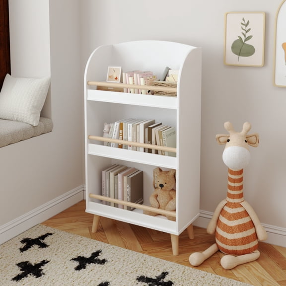 Noble House 3-Tier Kids Bookshelf and Toy Storage Cabinet, MDF and Pine Book Organizer for Nursery or Playroom, White