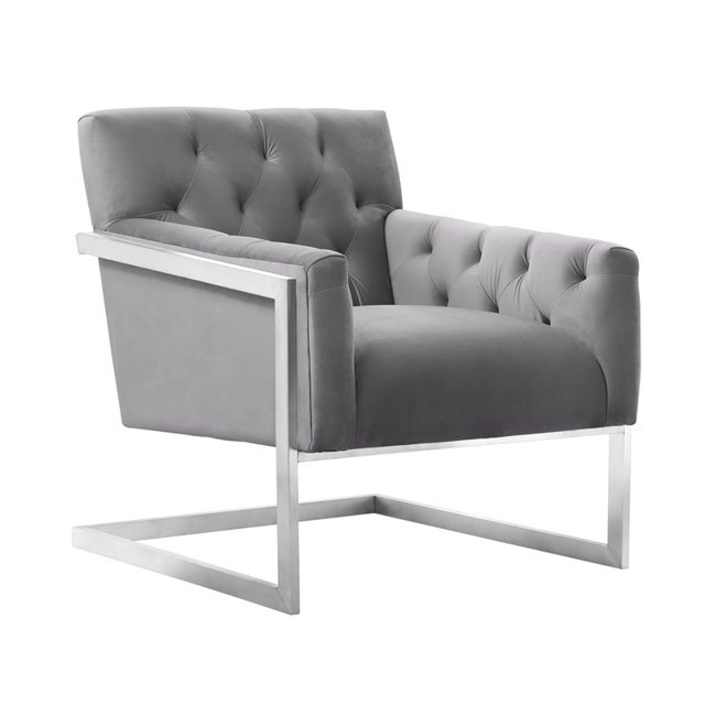 Armen Living Emily Velvet Accent Chair in Gray and Brushed Silver