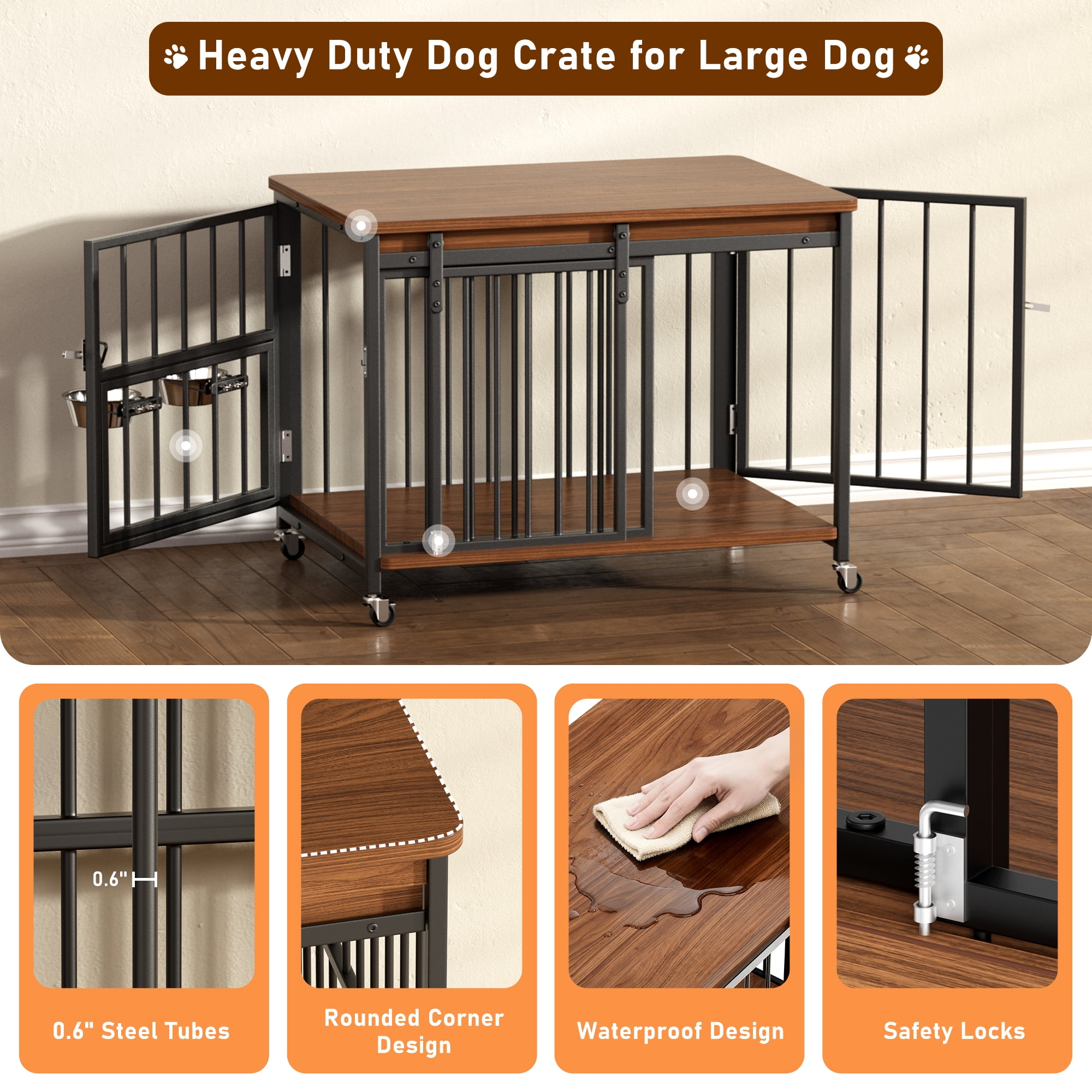 Cofiyard Dog Crate Furniture, 32" Wooden Dog Kennel Indoor with Sliding Front Door, Multi-Side Openings & Feeding Window Pet Cage House, Brown End Table, S
