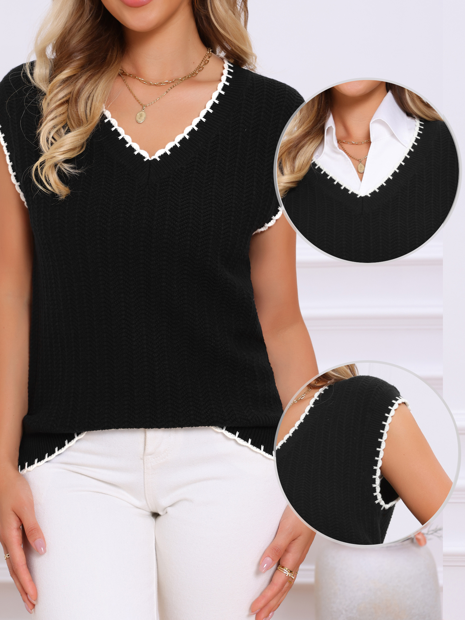 DARING DIVA V Neck Sweater Vest Fall Winter Pullover Tops S Black