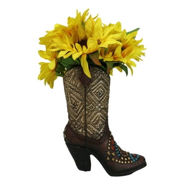 Rustic Western Colorful Aztec Mosaic Patterns Cowgirl Boot Vase Holder Figurine