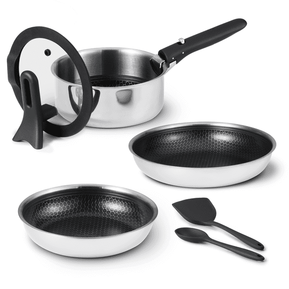 Carote 7-Piece Ceramic Hybrid Nonstick Detachable Cookware Set with Stand-up Lid, Stainless Steel, Oven/Dishwasher Safe, Easy for Storage, Black