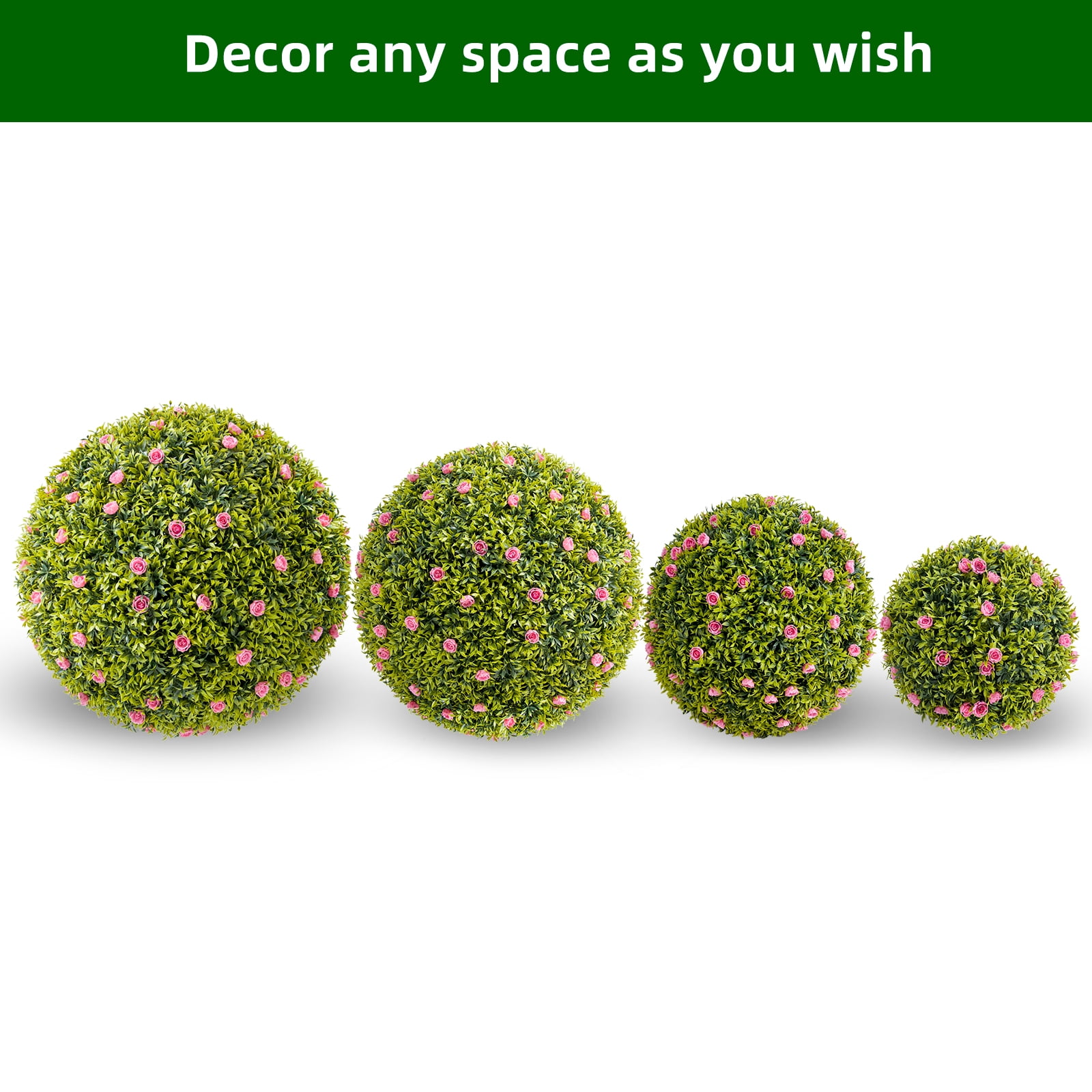 Tzou 2Pcs Artificial Boxwood Topiary Ball with Flowers, 20.5" Faux Hanging Greenery Ball for Outdoor Planters, Porch, Balcony, Home Decor