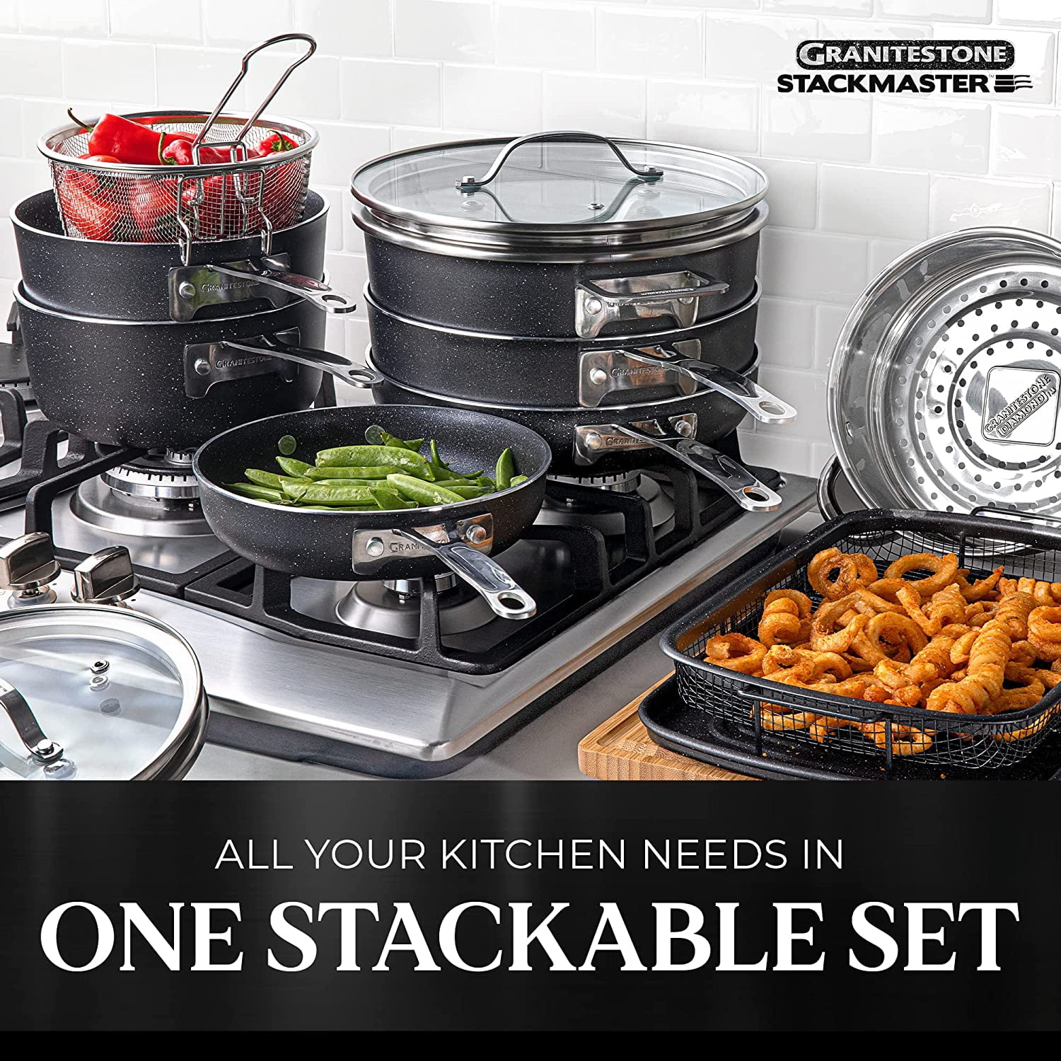GRANITESTONE Stackmaster 15 Pcs Pots and Pans Set Induction-compatible,  Nonstick Cookware Set, Scratch-Resistant, Granite-coated Anodized Aluminum