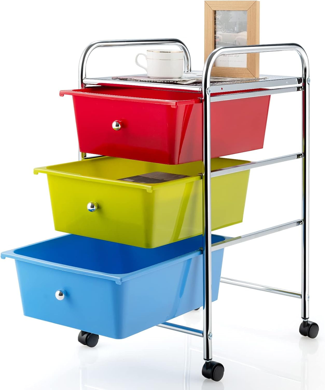 Rolling Cart Storage Bin 3 Drawes Plastic Drawers With Multicolor