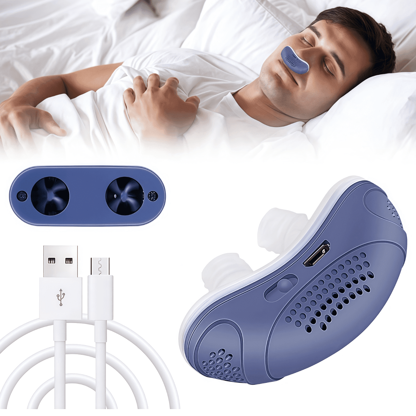 Blue Electric Anti Snoring Device, Effective Snoring Prevention, Sleep Apnea for Men and Women, Adjustable Wind Speed