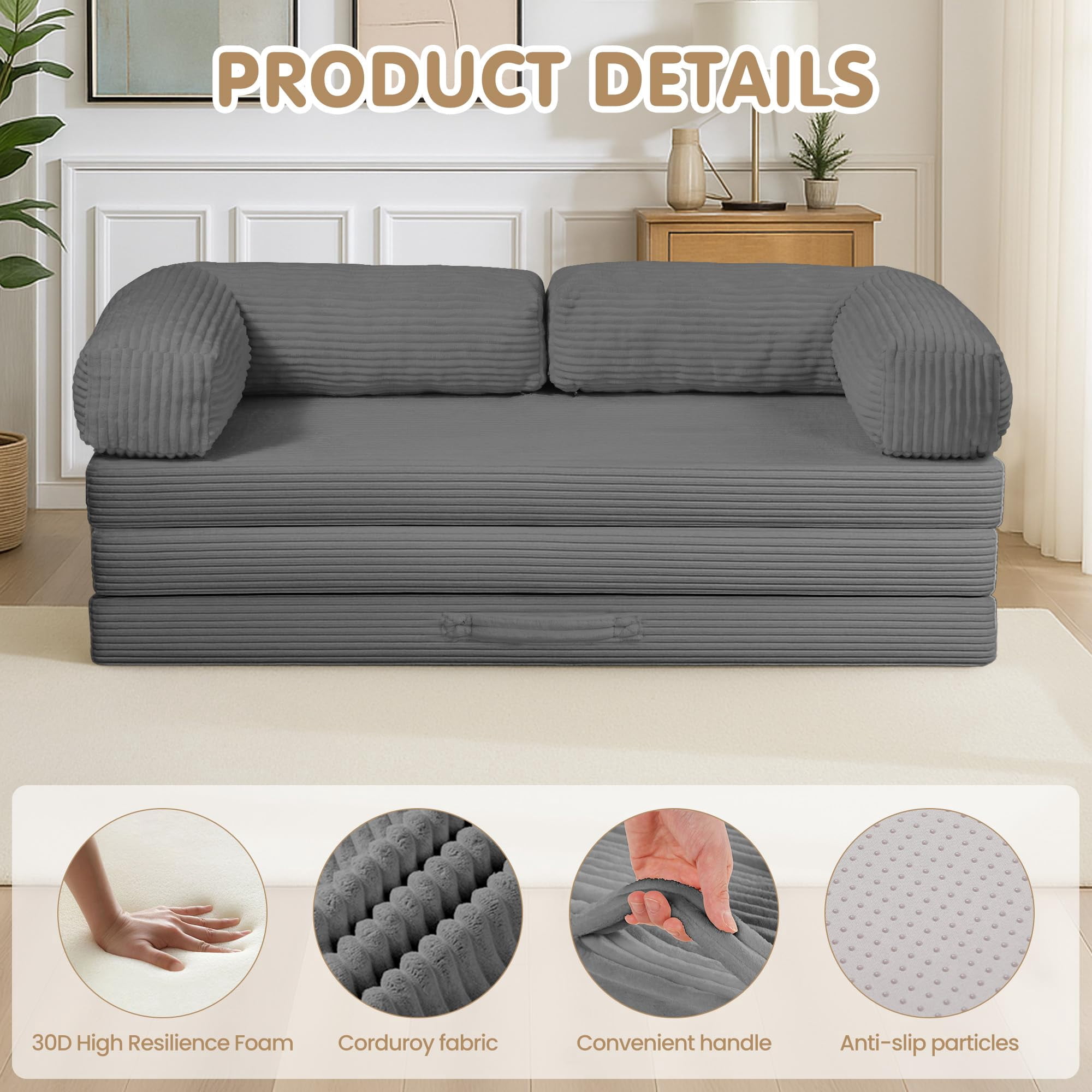 Convertible Sofa Bed Queen,Tri-Fold Boneless Couch with Removable Armrests & Handle,Corduroy Futon Floor Folding Mattress