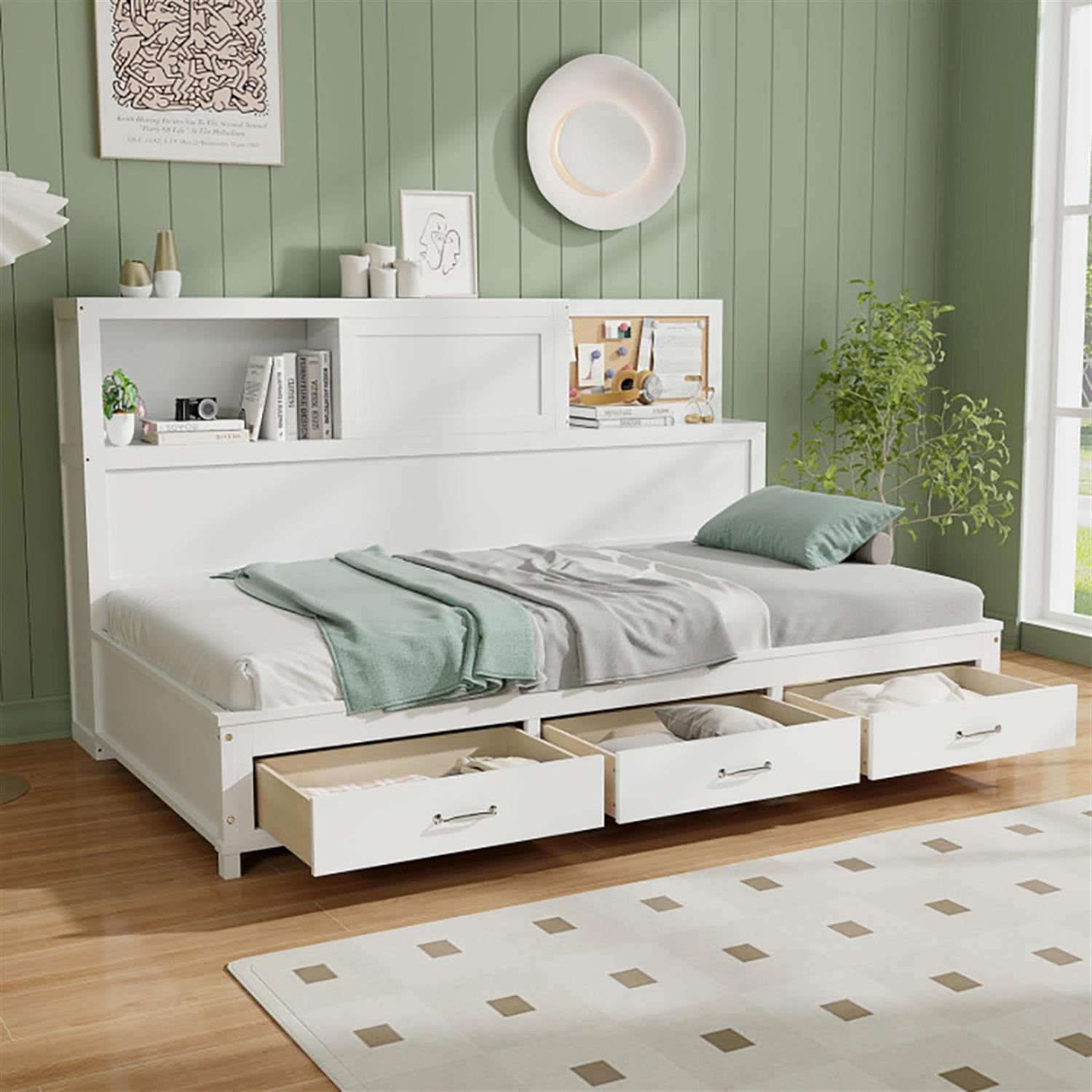Demi Bonn Full Size Wooden Daybed with 3 Drawers with Storage Shelves, Modern Wooden Bed Frame for Teens, White