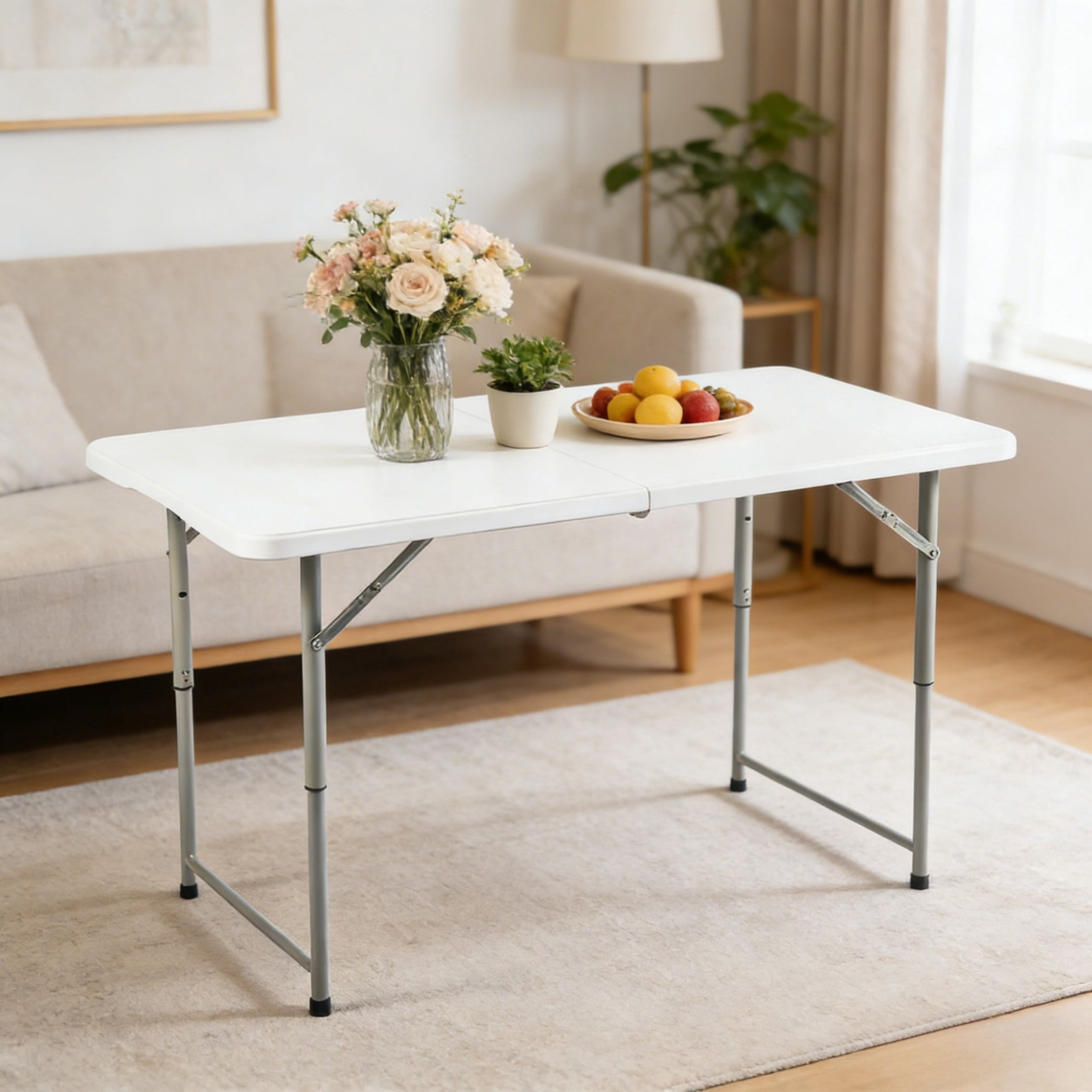 BSHTI 48" Rectangular Folding Dining Table – 3 Adjustable Height Settings with Carrying Handle, Indoor & Outdoor Use for Dining Room, Living Room, Office & Camping, White