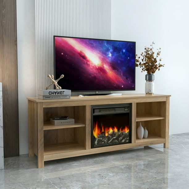 Tv Stand With Fireplace For 70 Inch Farmhouse Electric Cabinet Media Entertainment Center Television Console Table Brightness Adjustment Remote And Storage Shelves Oak Com Tv Stand With Fireplace For 70 Inch, Farmhouse Console Table With Fireplace