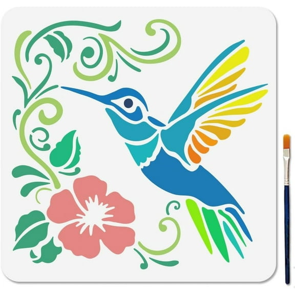 1pc Hummingbird Stencil Hibiscus Flower Bird Stencils 11.8×11.8inch Reusable Vine Leaves Stencil with Paint Brush Bird Animal Template for on Window Wood Wall Home Decor