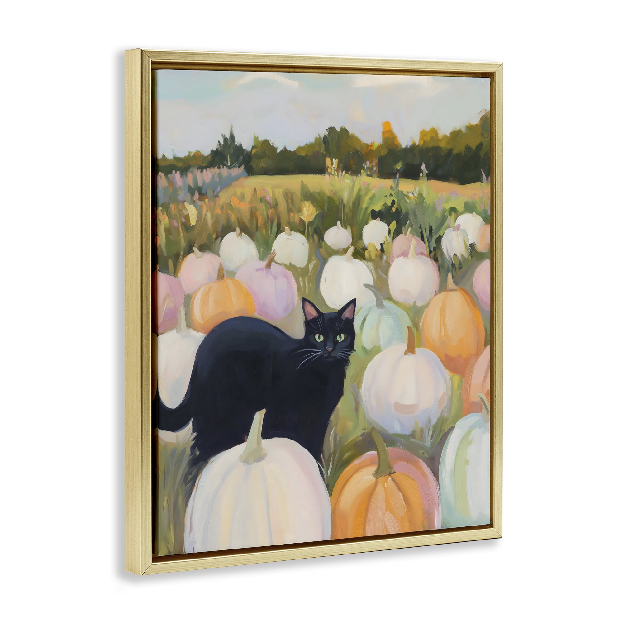 Stupell Industries Kitten & Pumpkins in Field Gold Framed Floater Canvas Wall Art, design by The Prints Vibe