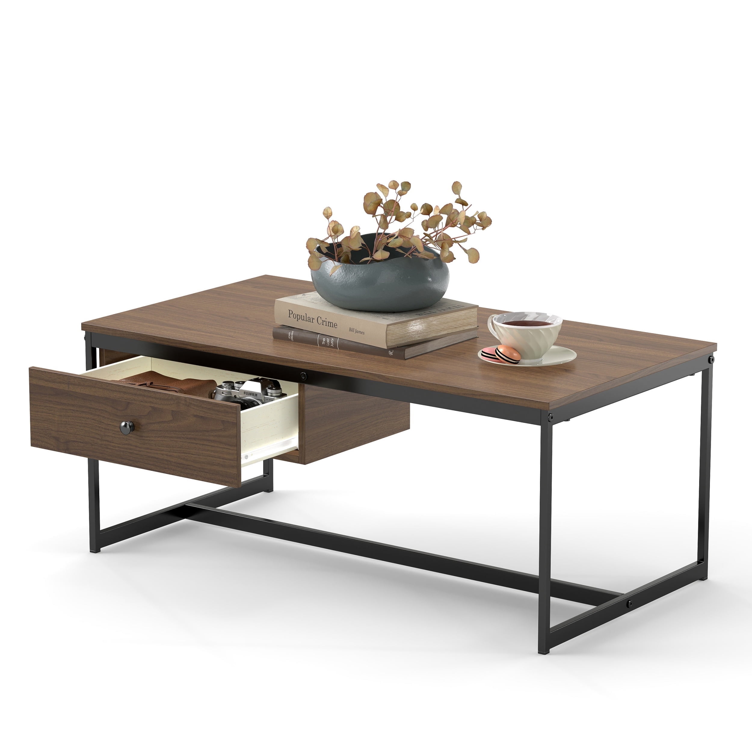 Manxile Industrial Rectangle Wood Coffee Table Metal Cocktail Table with Drawer, Walnut