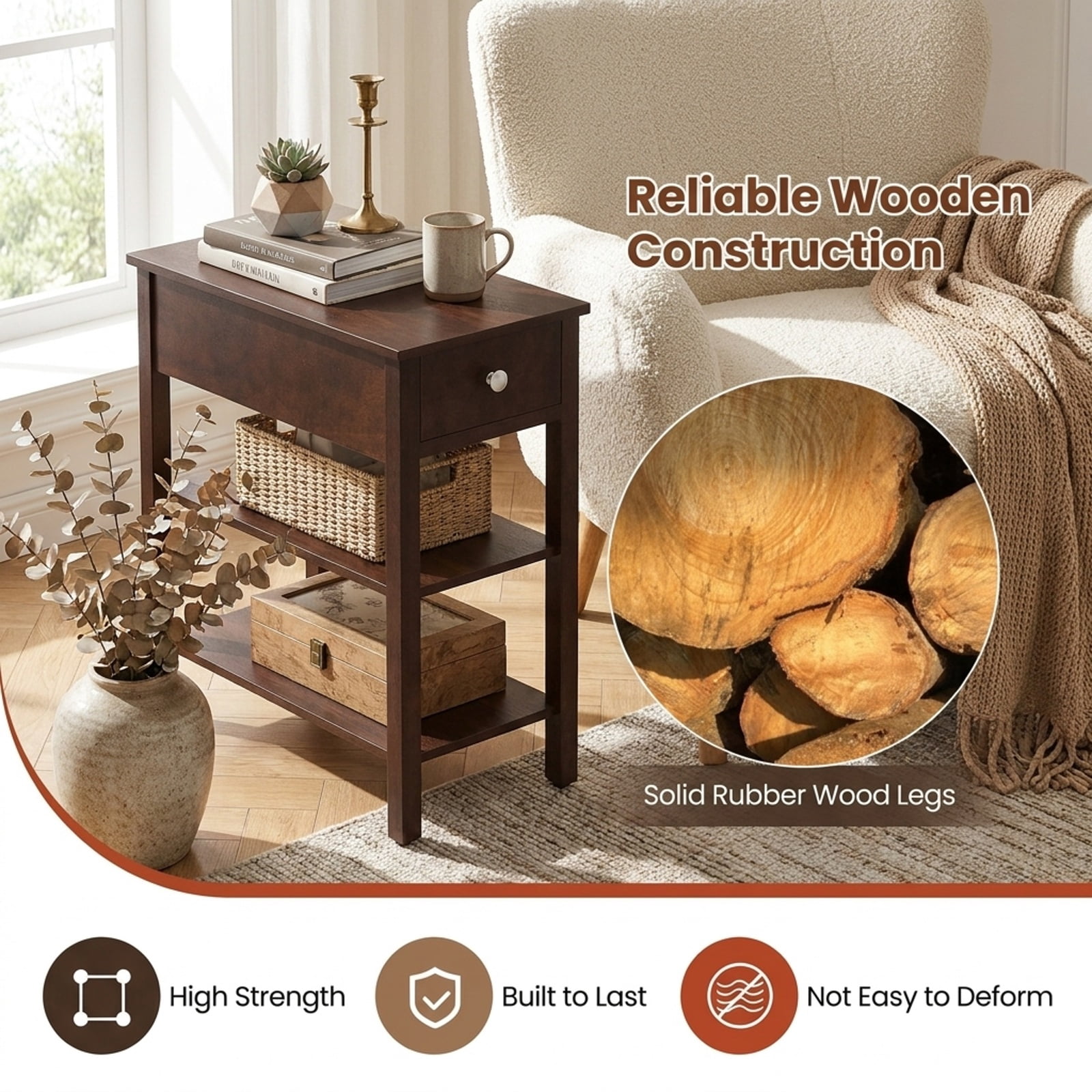 Furnibear 3 Tier Narrow End Table with Pull Out Drawer and Open Storage Shelves and Solid Rubber Wood Legs for Living Room and Bedroom, Walnut