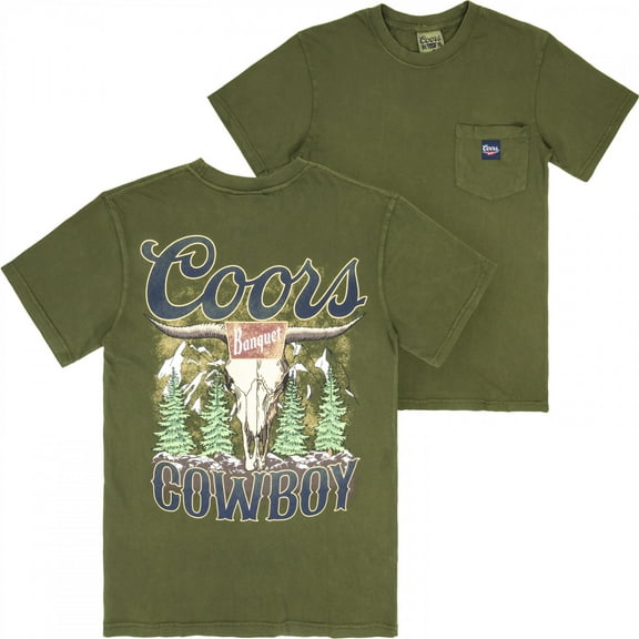 Coors Cowboy Skull Premium Super Soft Heavyweight Front Pocket Back-Print T-Shirt-Small