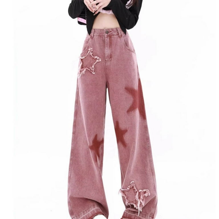 HAPIMO Wide Leg Jeans Denim Pants for Women Retro Solid Color Mid