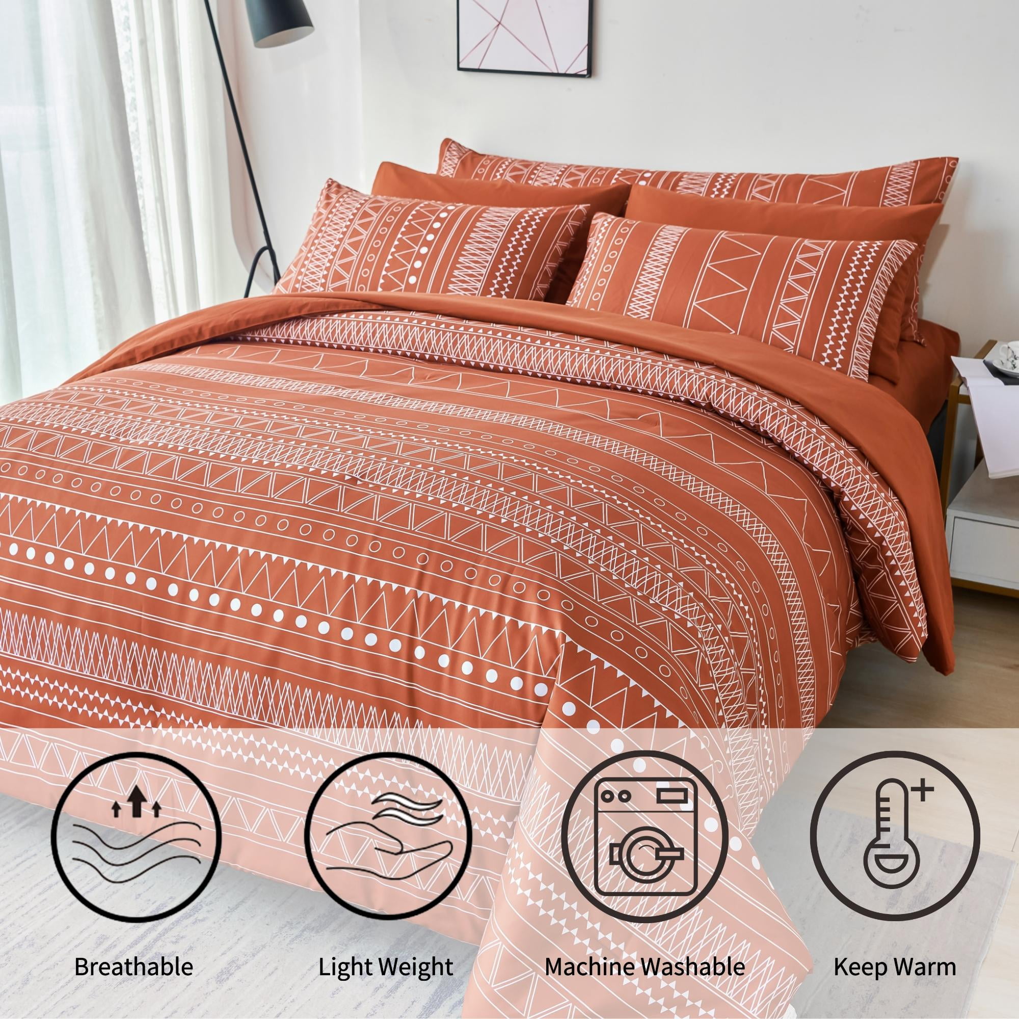 RYNGHIPY Burnt Orange Comforter Set Queen Size, Pumpkin Rust Boho Bed in a Bag Lightweight Microfiber, Terracotta Geometric Comforter Women Men Bedding (Burnt Orange,Queen Size)