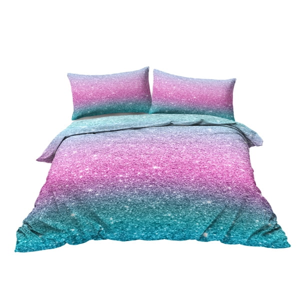 Colorful Glitter Bedding Girly Turquoise Blue Pink and Purple Pastel Colors Duvet Cover 3 Piece Trendy Bed Spreads Queen Size Comforter Cover Sets