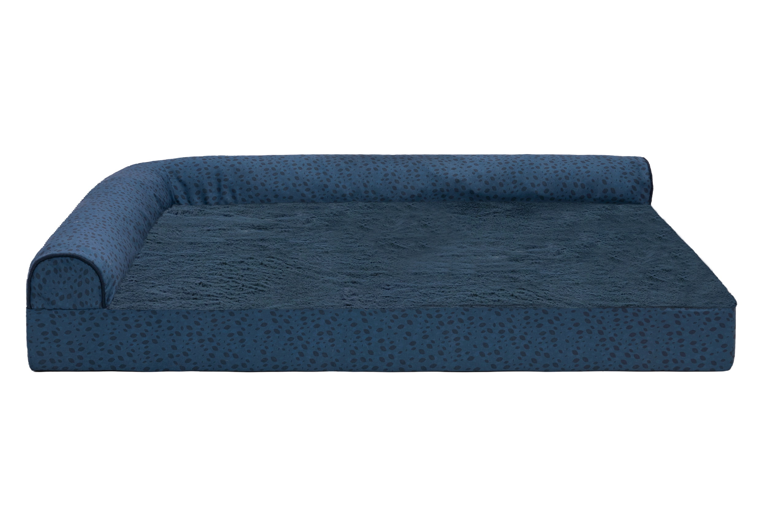 FurHaven Pet Products Plush Faux Fur & Almond Print Orthopedic Deluxe L-Chaise Sofa Pet Bed for Dogs & Cats - Blue Almonds, Jumbo Plus